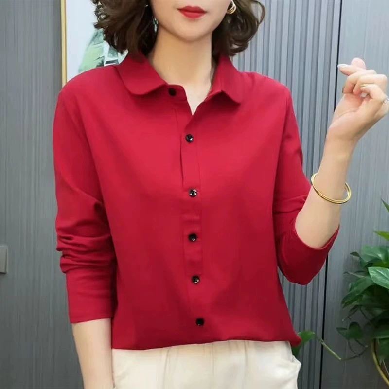 Женская одежда для внешней торговли 2025 весна новая свободная утягивающая рубашка с длинным рукавом и воротником для женщин среднего возраста