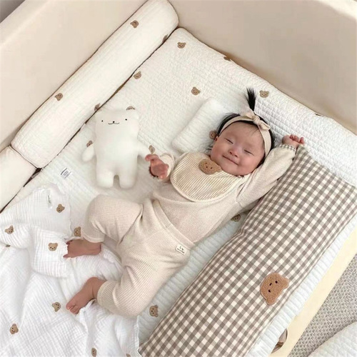 Ins style pure cotton baby plaid bear embroidery bedside pillow sofa pillow baby pillow with core removable and washable