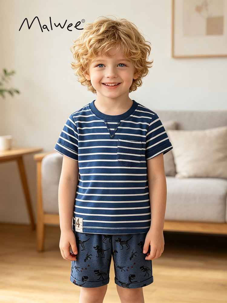 Ropa para niños Malwee, novedad de verano, traje de manga corta para niños pequeños y medianos, pantalones cortos de manga corta, conjunto de dos piezas, traje para niños