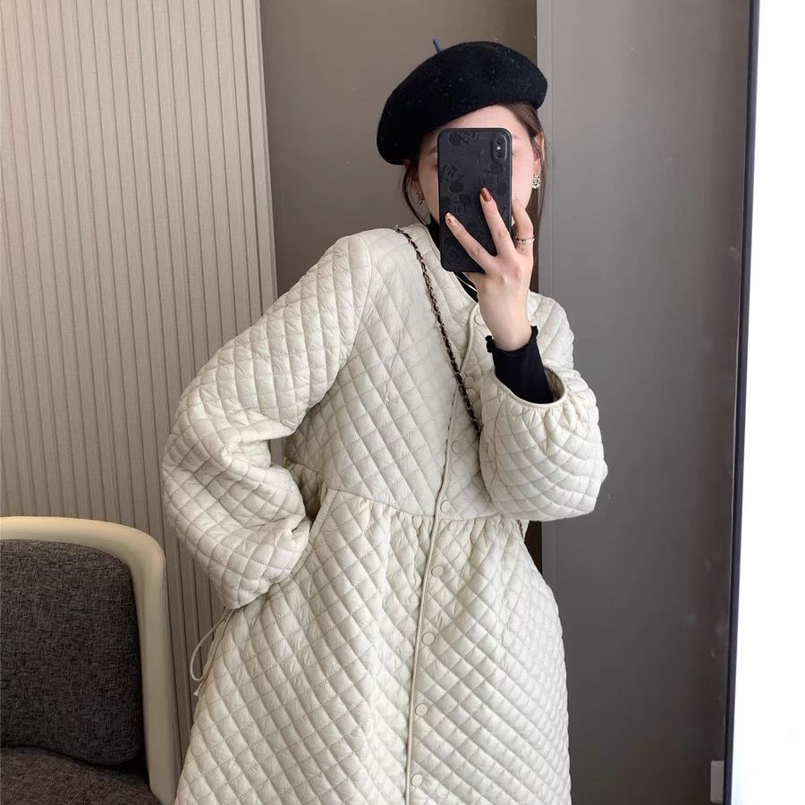 太太太火了 韩国ins复古菱格宽松轻薄棉衣裙中长款保暖棉服外套女
