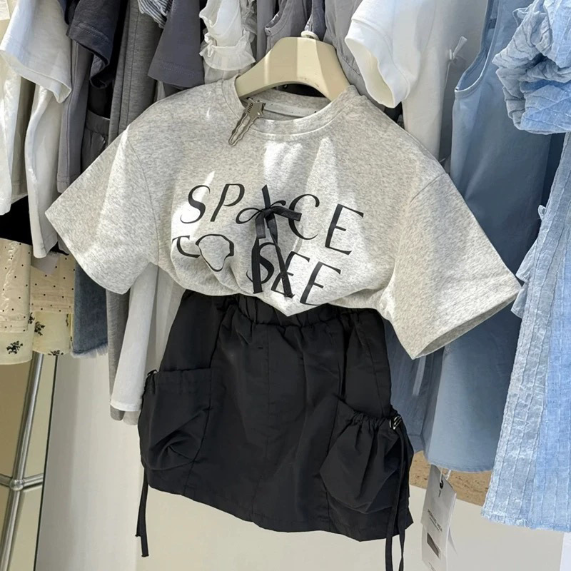 New Girls T-Shirt Summer Girl Bow Letter t Casual Short-Sleeved Top Fashionable Kidsren's Workwear Skirt