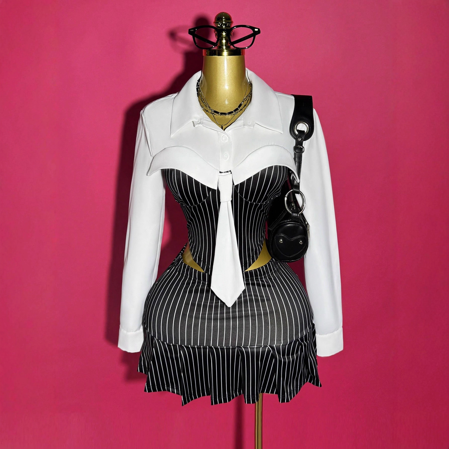 Amazon Jk Uniform Waist-Cinching Striped Shirt Long-Sleeve Patchwork Color-Blocking College Style Slim-Fit Short Skirt Pure Desire Set