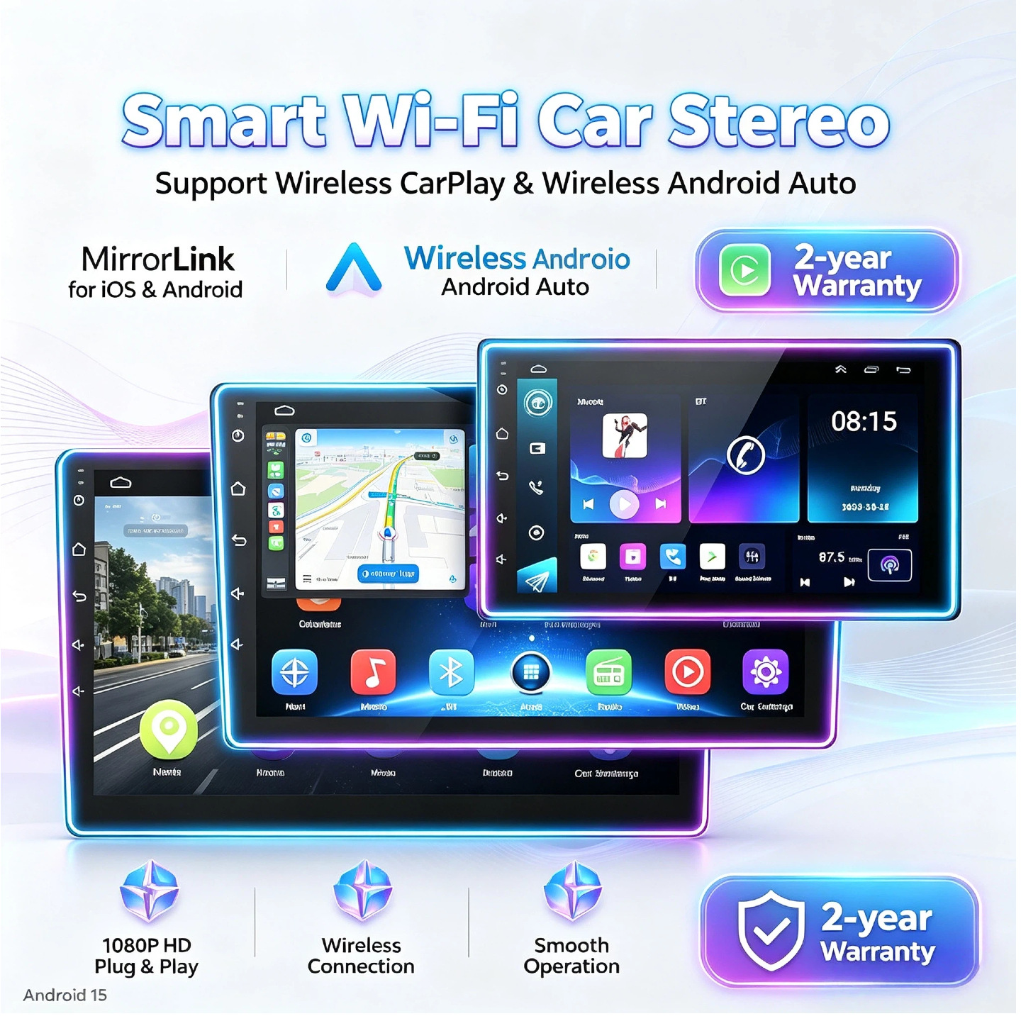 Android 15 Car Navigation and Multimedia Head Unit 7-10inch Supports Wireless CarPlay Screen and Bluetooth Playback