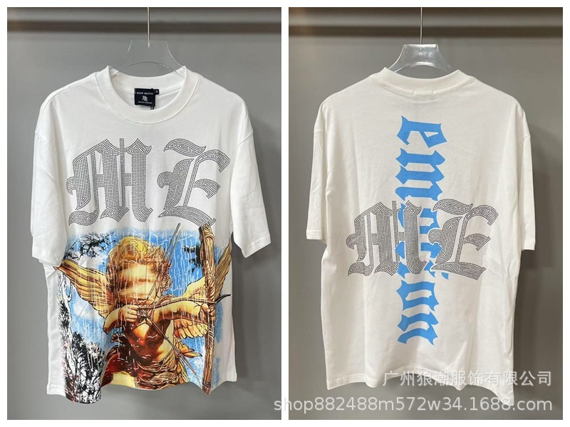 MIXED EMOTION レトロホットダイヤモンドプリントロゴ美しいトレンディなラウンドネックルーズカジュアル半袖Tシャツ男性と女性用|undefined