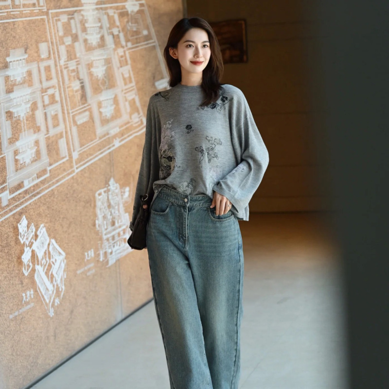 DS刘雯同款宽松中式国风刺绣提花针织衫女2025年秋季新款毛衣上衣|undefined