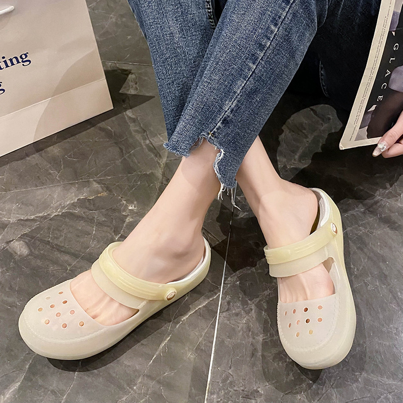 Mary Jane Shoes para mujer 2025 nuevo estilo suela gruesa suela blanda ropa exterior de verano gelatina de hadas transparente sandalias Baotou de verano