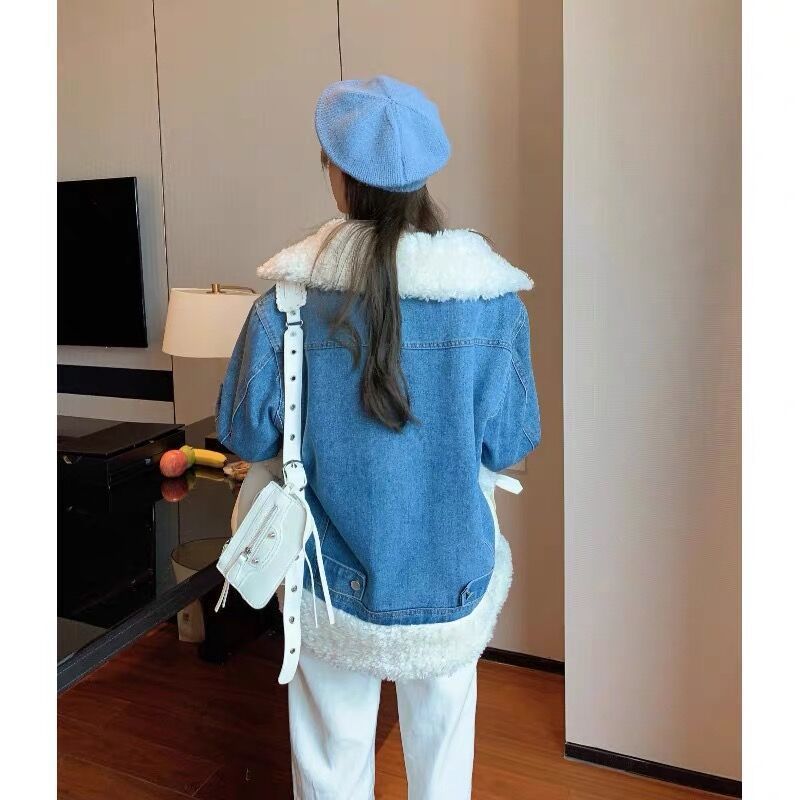 Trendige Winter-Jeansjacke für Damen – Kuscheliger, Fleece-gefütterter, übergroßer Schnitt, stylischer Bombermantel mit Sherpa-Kragen (mehrere Größen und Farben)_voghion.com
