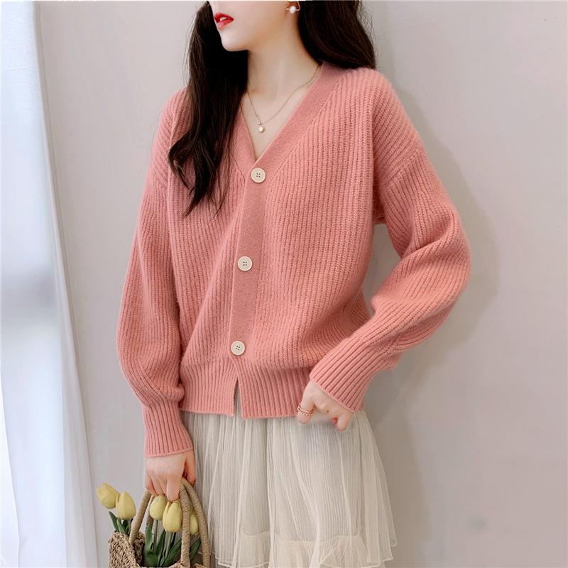 French V-Neck Candy Color Long Sleeve Cardigan Women's Loose Knit Sweater Coat Casual Elegant Outerwear_ecoleips.com