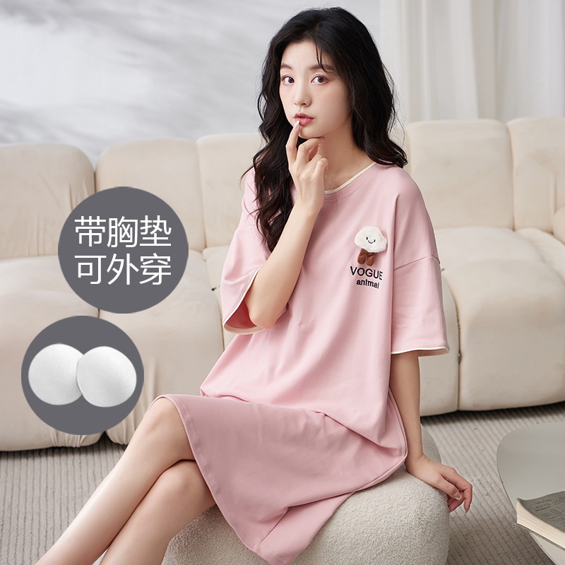Camisón con almohadilla en el pecho pijamas de manga corta de algodón de verano para mujer dulce fresco cuello redondo ropa para el hogar vestido de verano