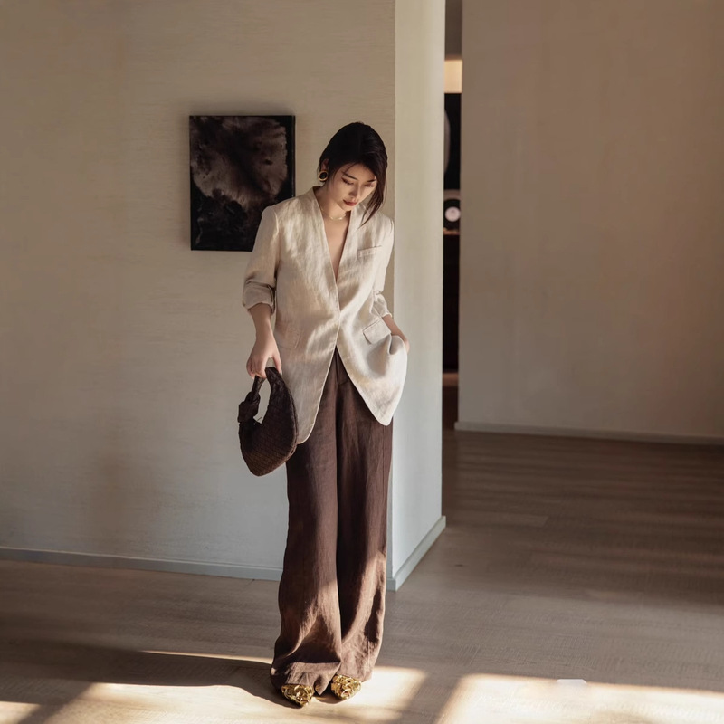 Suit That Won’T Shrink 2025 Autumn Linen V Neck Cardigan Normcore Style Suit Jacket Loose Top