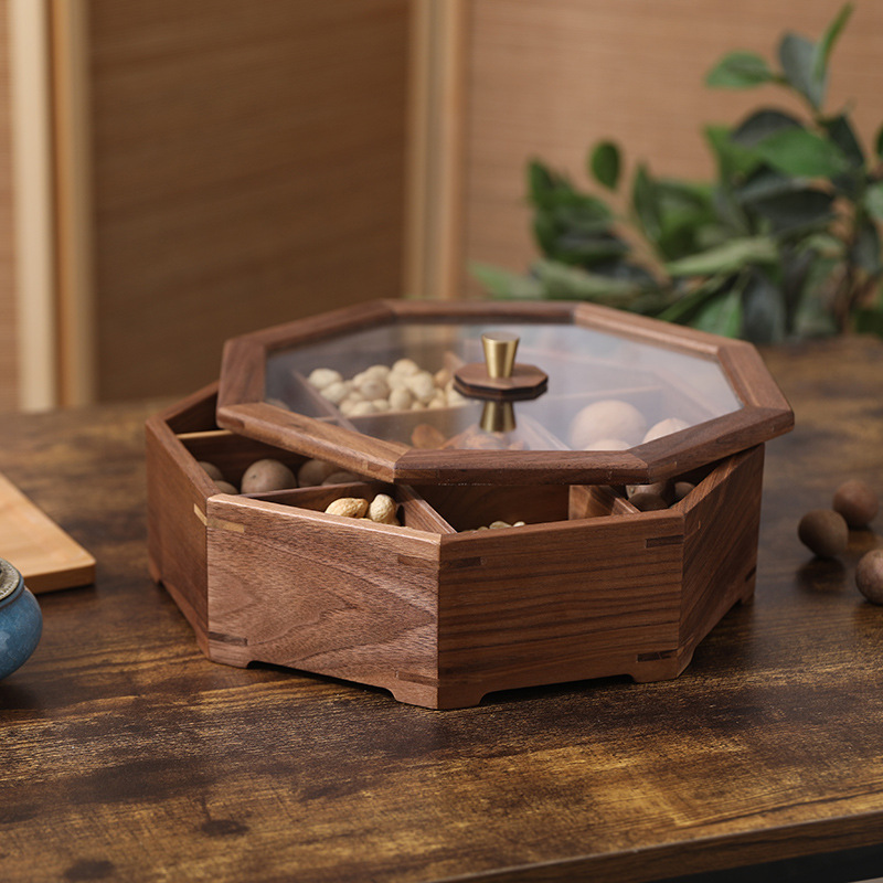 Caja de fruta seca de madera maciza de nogal negro con tapa plato de fruta seca nuevo estilo chino Luz de lujo creativo boda exquisita caja de regalo de almacenamiento