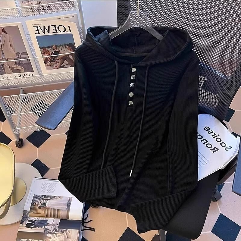 Autumn double-sided ribbed base shirt for plus-size women 150kg large size loose casual fashion hooded top jacket trendy