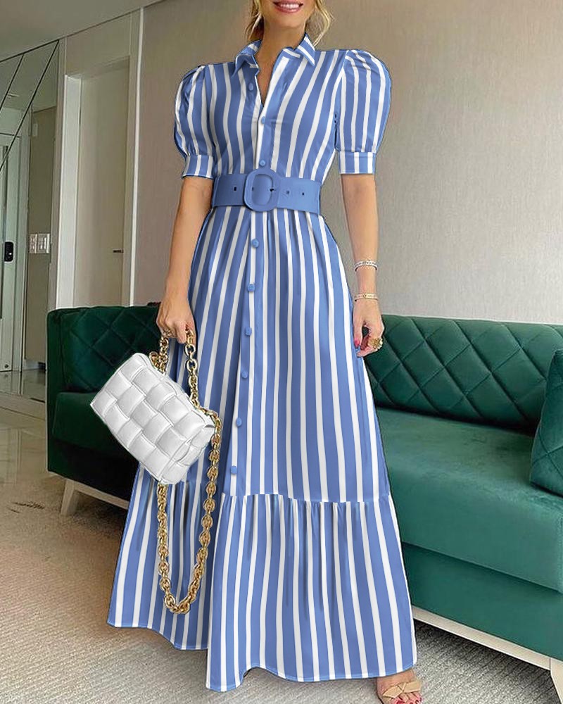 Women's Shirt Dress Casual Turndown Short Sleeve Stripe Solid Color Maxi Long Dress Daily display picture 4