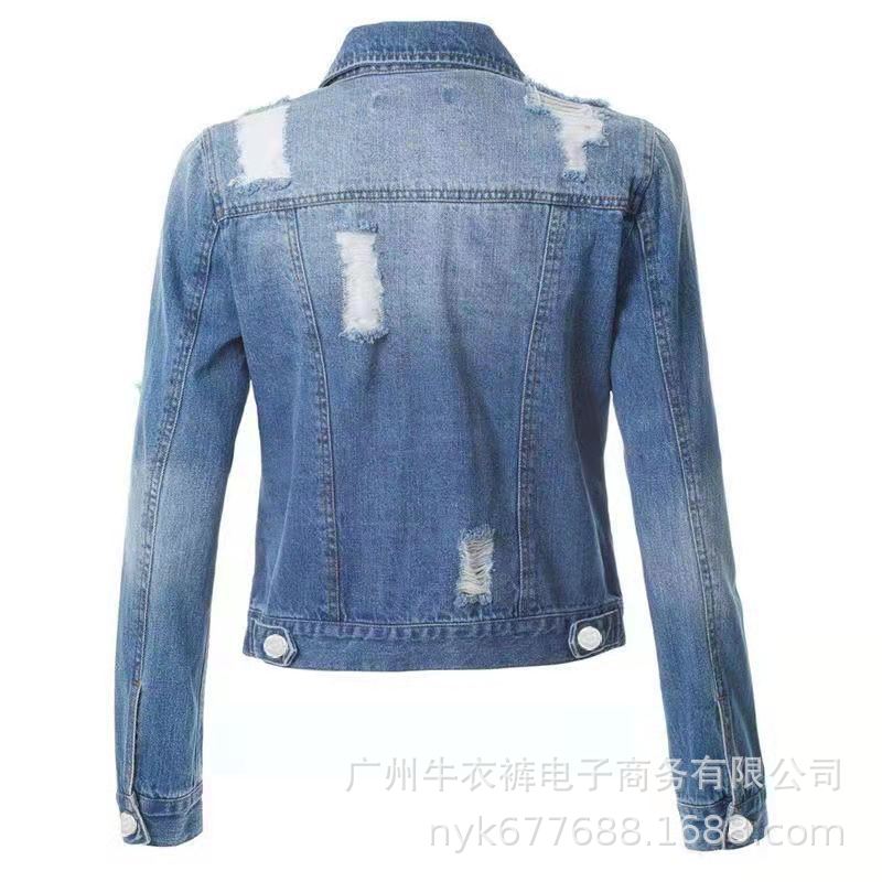 Amazon European And American Women's Denim Jacket With Holes And Thin Women's Denim Jacket