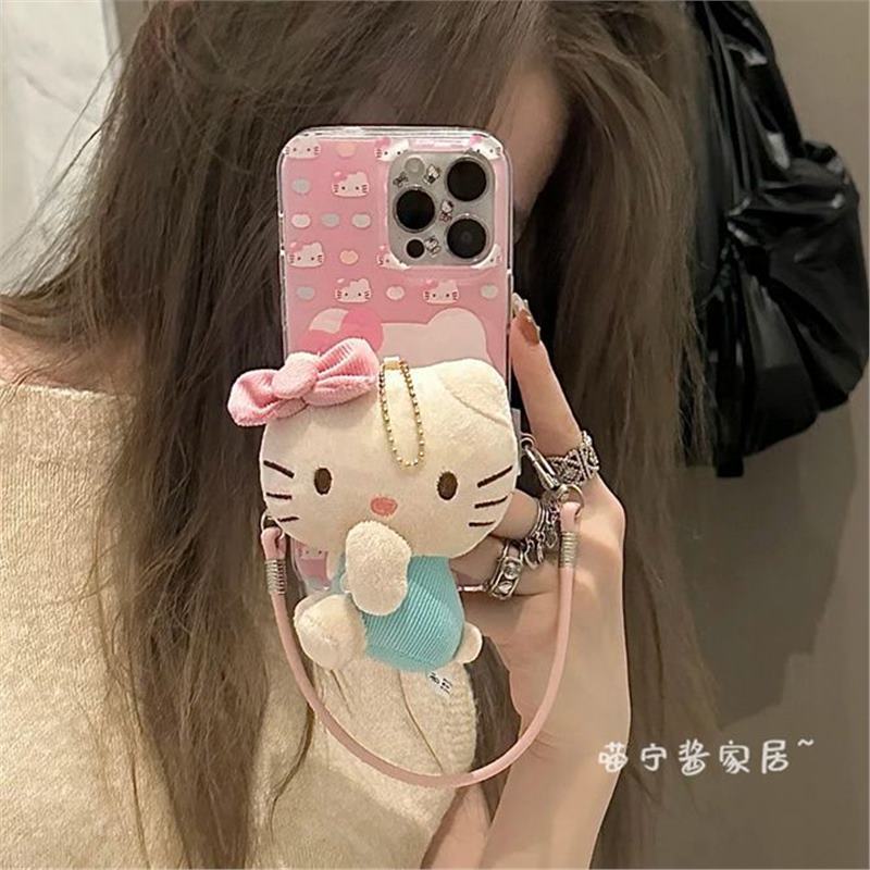 喵宁酱~少女心可爱蓝粉Kitty公仔挂绳装饰斜挎防背夹