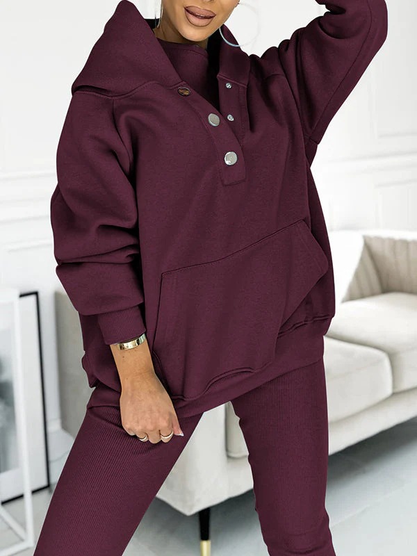 2025 European and American Clothing Amazon Independent Station Pure Color Hooded Long-Sleeved Sweatshirt Button Jacket + Sweatpants Leggings