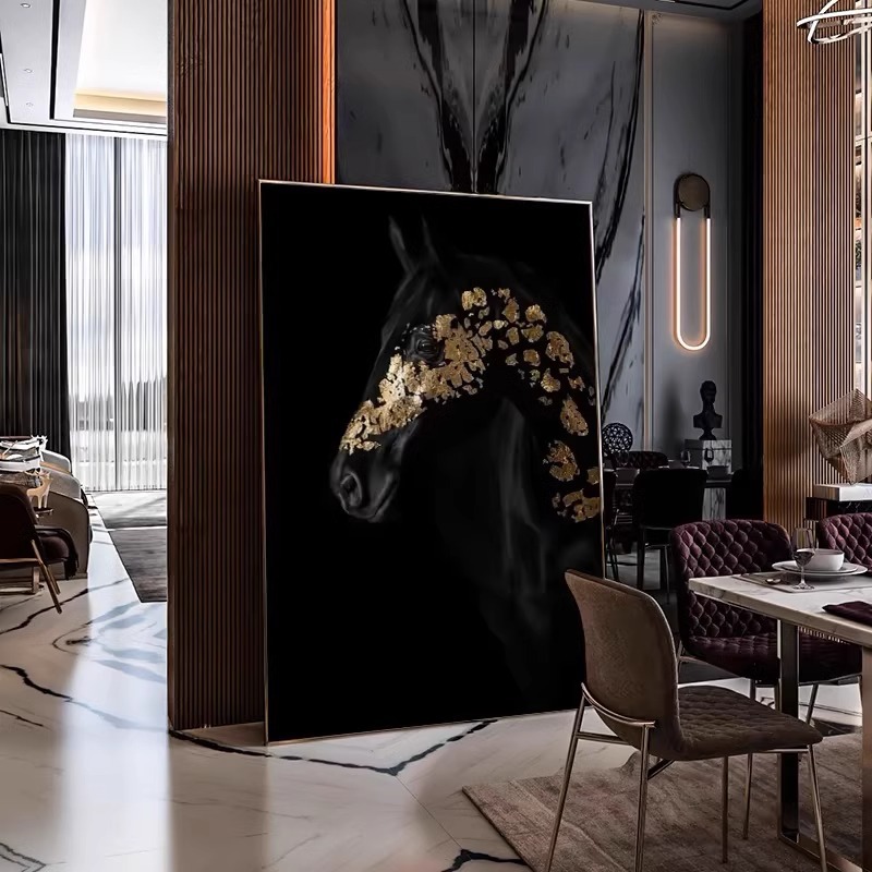 黑白灰鎏金马到成功入户玄关装饰画走廊尽头过道高档大气墙面挂画