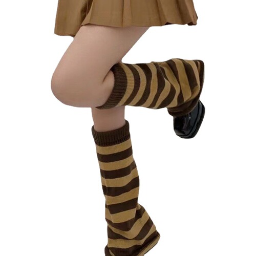 Slightly flared, retro-style striped thermal woolen loose-fit wide-leg sock covers—Harajuku-inspired JK-style edgy girl leg warmers and leg socks