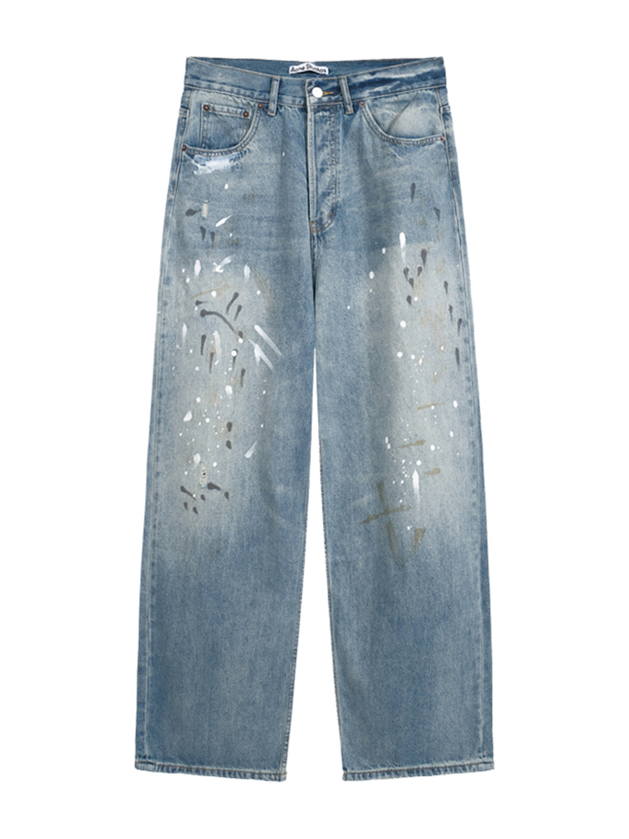 クロスボーダーのトレンディなAC手描きのスプラッシュインクのほつれ加工のウォッシュ加工のダメージ加工のパンツ、男性と女性用、ゆったりと多用途、軽くて豪華なワイドレッグジーンズ