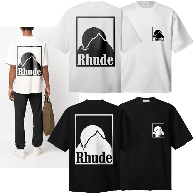 24 New American Trendy Brand Rhude Yacht Print High-Quality Double Yarn Pure Cotton Loose Short-Sleeved T-Shirt for Male and Female Students