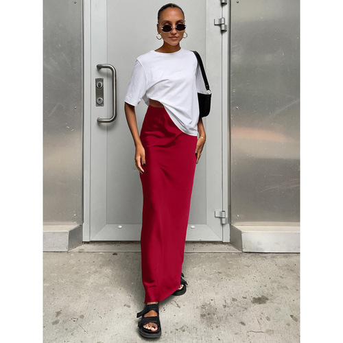 2025 Spring/Summer New Satin Ice Silk Skirt European and American Style Casual Cross-border Skirt Long Black Bodycon Skirt for Women