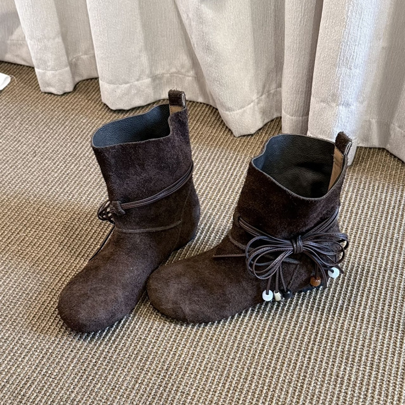牛皮版~甜美蝴蝶结串珠内增高牛反绒面2025冬中跟坡跟圆头真皮靴