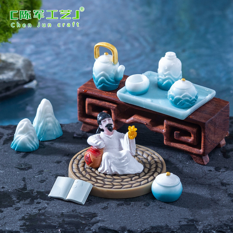 Micro Landscape Creative Chinese Style Green Mountain Tea Set Doll House DIY Decoration Accessories Miniature Desktop Ornaments