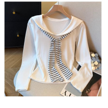 韩版学院风条纹绑带长袖打底小衫女秋时尚简约百搭海军领外穿上衣