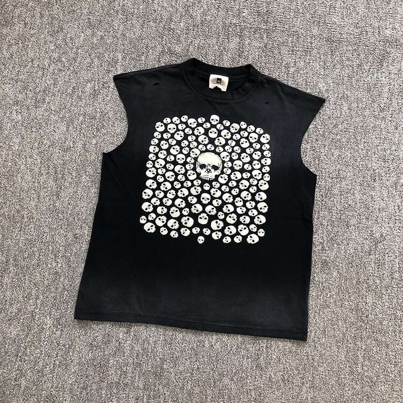 Japanese-Style Trendy Brand Skull Glow-In-The-Dark Layered Print Distressed Vintage Loose Vest Tank Top T-Shirt Unisex