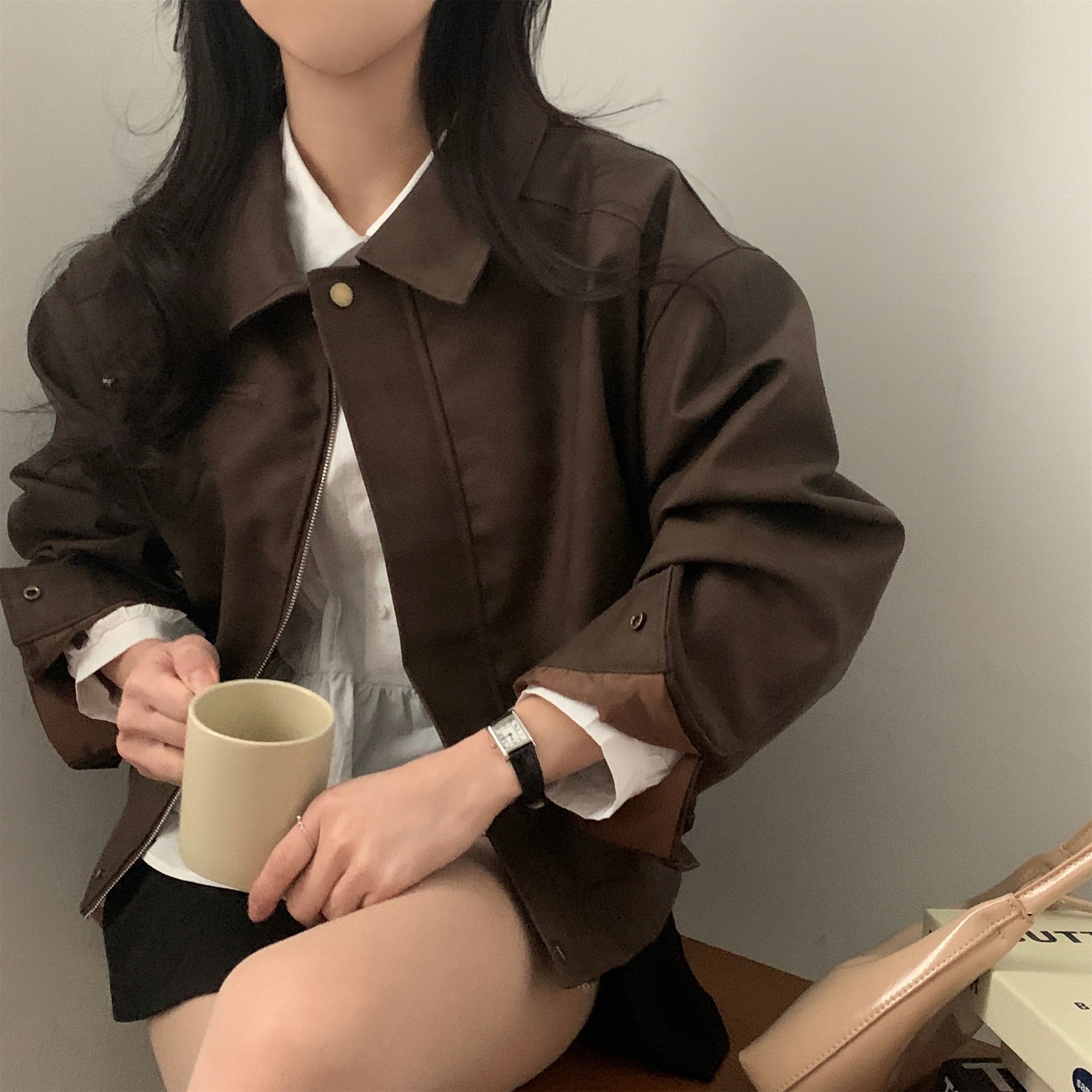 Korean Chic Autumn Retro Stylish Lapel Zipper Niche Versatile Long-Sleeve Pu Leather Motorcycle Jacket Short Coat for Women