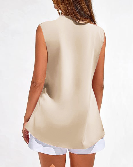 Women's Clothing American Women's Summer Sleeveless Satin Vest Casual V Neck Pleated Shirt Commuter Style 2026_ecoleips.com