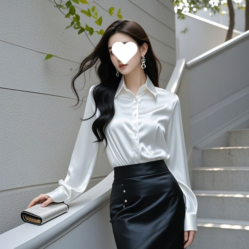 秋季新款高级感职业缎面紫色衬衫女长袖正装时尚通勤气质衬衣白色|undefined