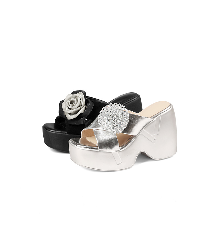 Dép sandal nữ quai chữ V đế xuồng cao gót 9 cm — màu đen, bạc chi tiết 23