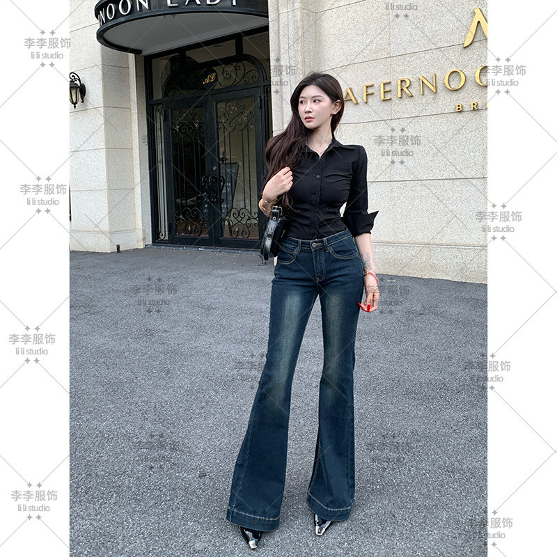 蓝灰色水洗微喇牛仔裤女中低腰2025秋季新款潮流修身显瘦喇叭长裤|undefined