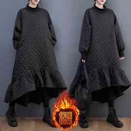 实拍2023冬季韩版宽松时尚高领棉衣菱格加厚棉外套荷叶边连衣裙