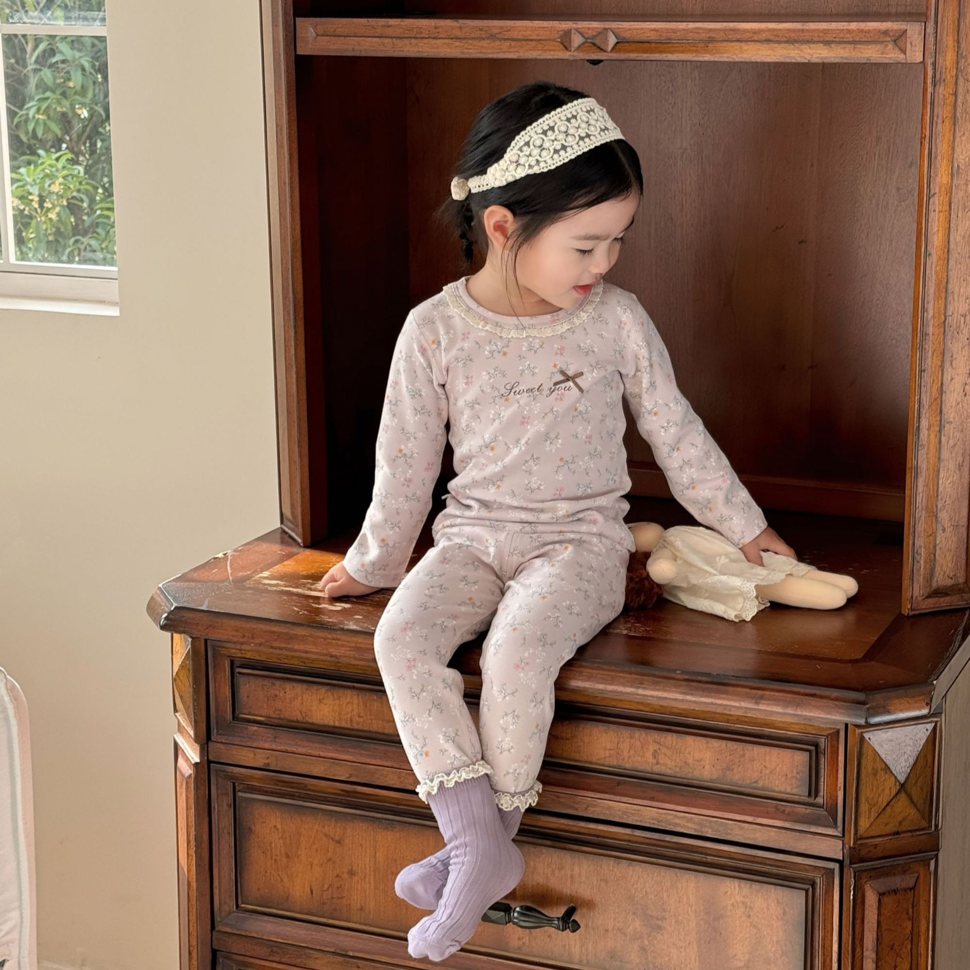 Xiaoyu Lolo Autumn and Winter Forest Style Cartoon Soft Velvet Cotton Skin-Friendly Cotton Kidsren's Autumn Clothes and Long Pants Home Clothes Set