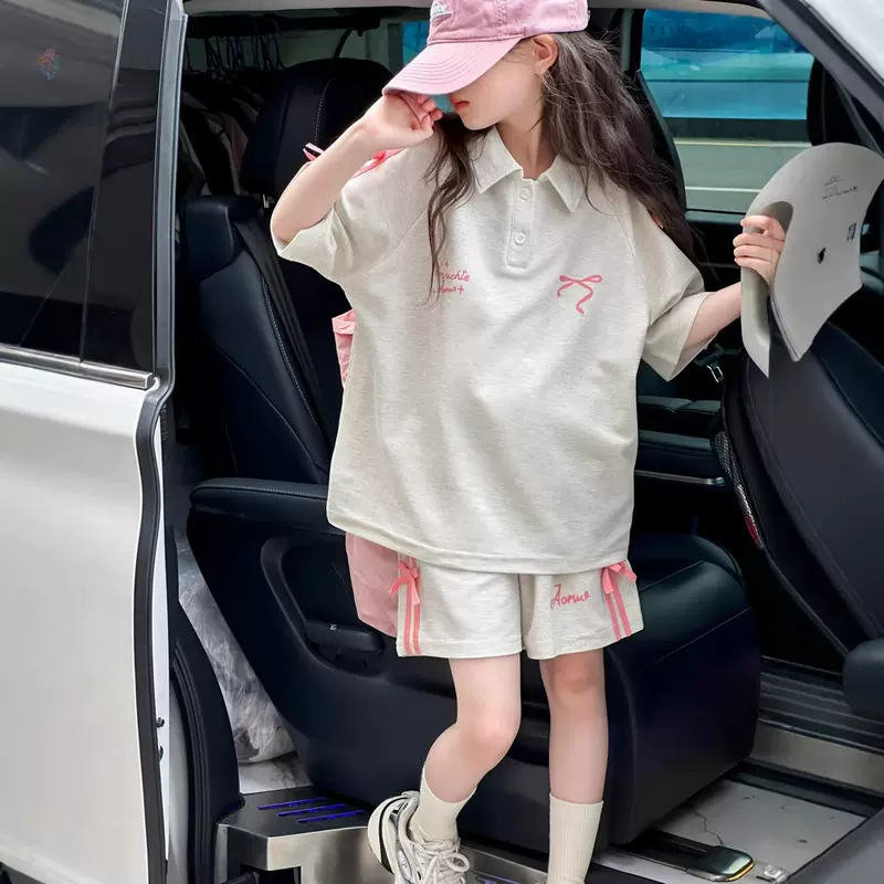 女童夏季运动织带蝴蝶结套装2025新款大童韩版夏装polo衫短袖短裤