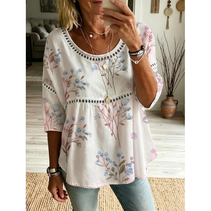 Cross-Border Women's T-Shirt European and American Fashion New Style 3D Printed Bohemian Style Round Neck Mid-Sleeve Women's Retro Top Cross-Border Women's T-Shirt European and American Fashion New Style 3D Printed Bohemian Style Round Neck Mid-Sleeve Women's Retro Top