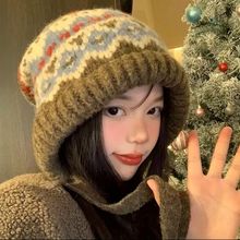 复古女两用捂耳帽耳朵毛线帽子复古民族风护耳女帽子女保暖包头帽