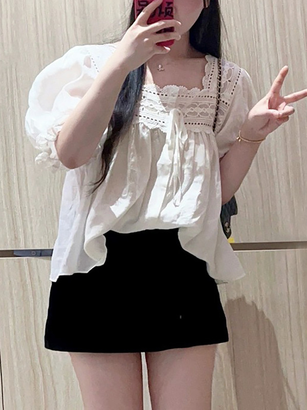 [Miss Petti] Ramie French Lace Loves Sleeveless Cut Out Embroidered Shirt