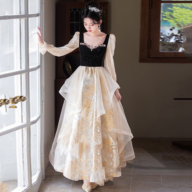 Đầm dạ hội cổ vuông tay dài kiểu Pháp thanh lịch, phù hợp dẫn chương trình, chơi đàn piano — Màu như hình chi tiết 2
