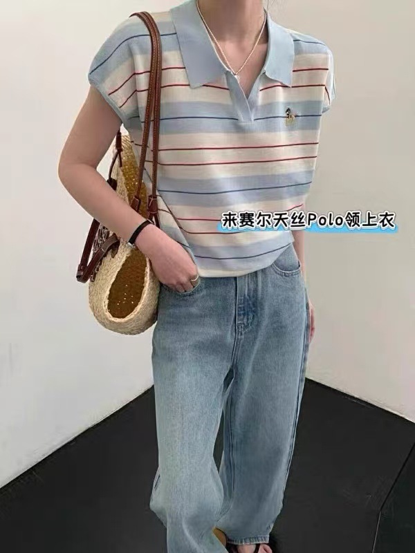 レトロなコントラストストライプポロ襟子犬刺繍半袖セーター女性の夏の新しいカジュアルルーズ痩身トップ|undefined