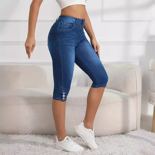 Summer Women's Plus Size Button Design Solid Color Elastic Street Fashion High-Waisted Casual Tight Five-Finger Pants