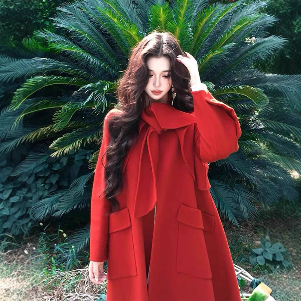 Новинка осени/зимы 2025: Элитное двустороннее шерстяное пальто-накидка в винтажном стиле [Illustrated Girl] для невесты, красное