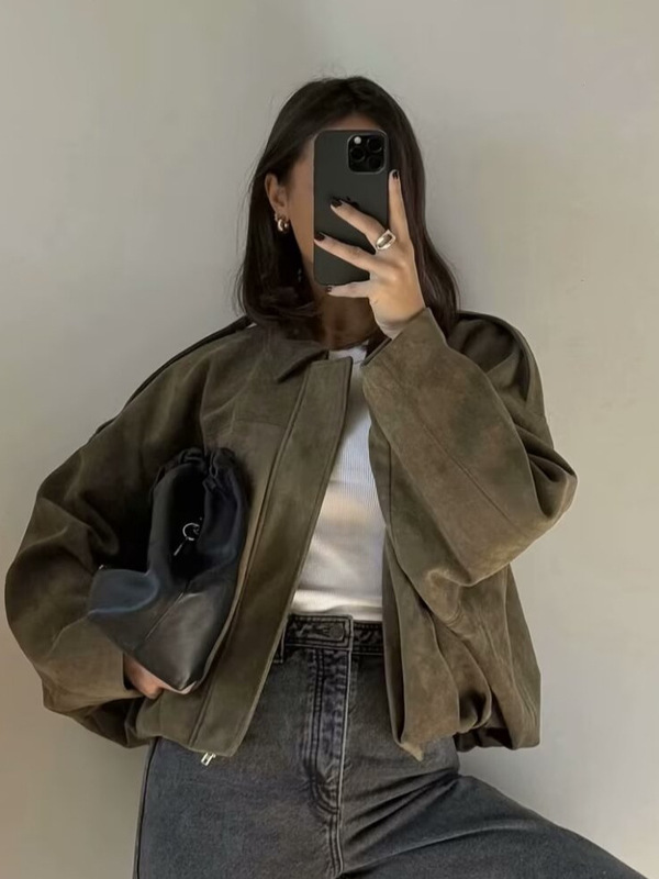 欧美风2025春秋休闲绒面质感翻领飞行员夹克外套女蝙蝠袖夹克上衣|undefined