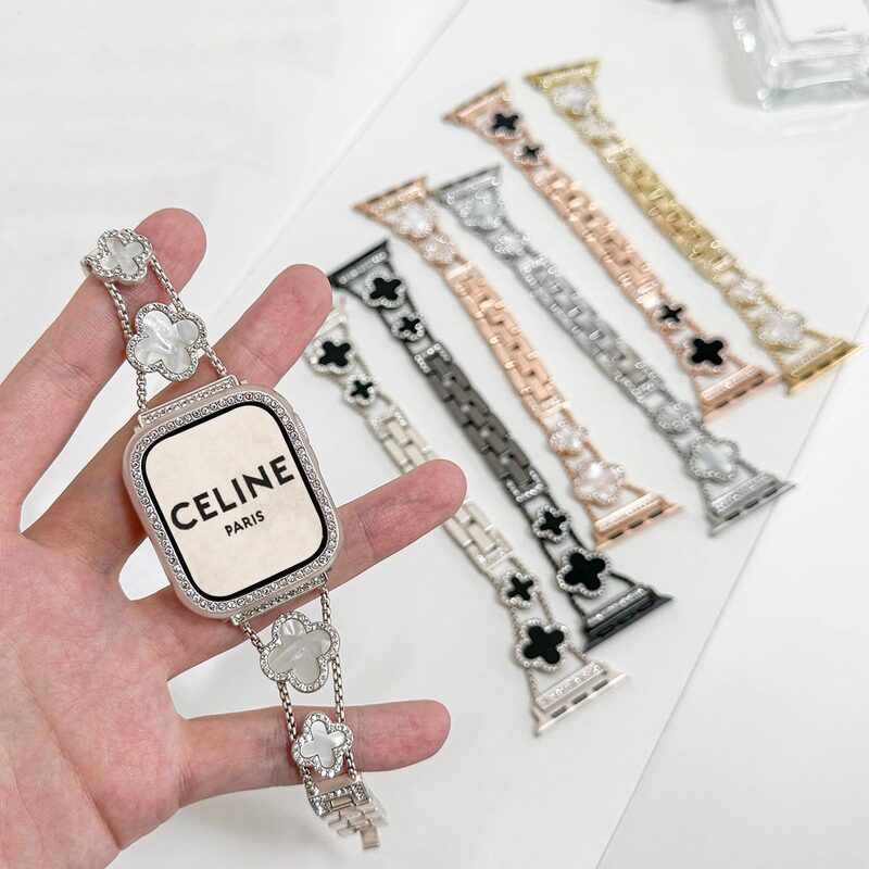 Suitable for Apple S11 Watch Mother-Of-Pearl Four-Leaf Clover Watch Strap Iwatch109 Generation Metal Applewatch Strap