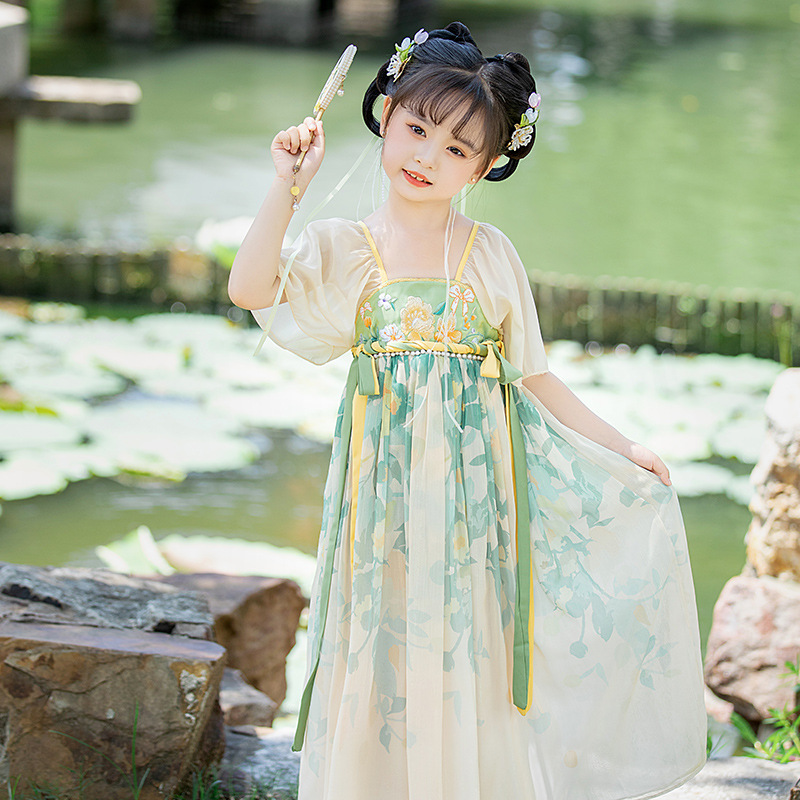Little Girls' Short-Sleeve Hanfu Skirt Baby Dress Fairy Ancient Style Children Chinese Style Trendy Super Cute Tang-style Performance