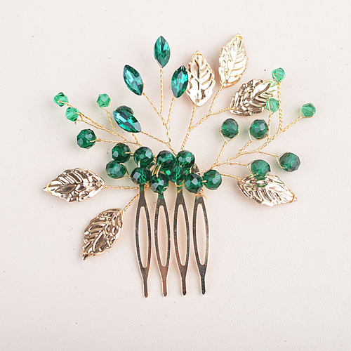 Cross-border Bestselling Alloy Water Drill Insert Comb Handmade Leaf Emerald Crystal Hair Accessories Ancient Chinese Costume Accessory Hair Comb