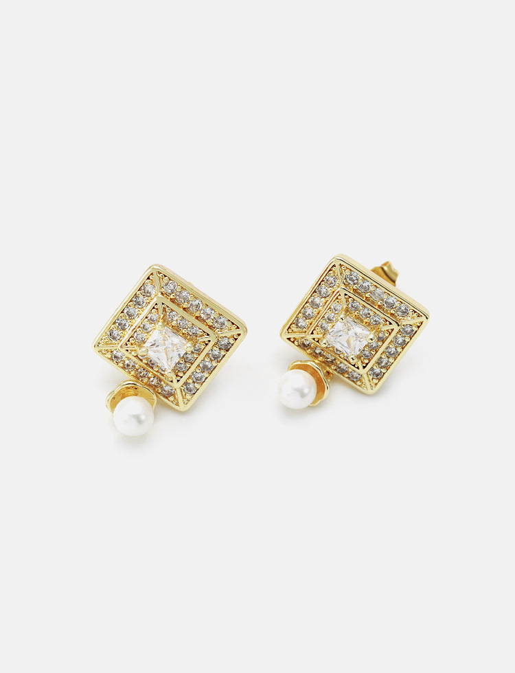 Copper Material Rhombus Pattern Wholesale Fashion Gold-plated Square Zircon Pearl Earrings