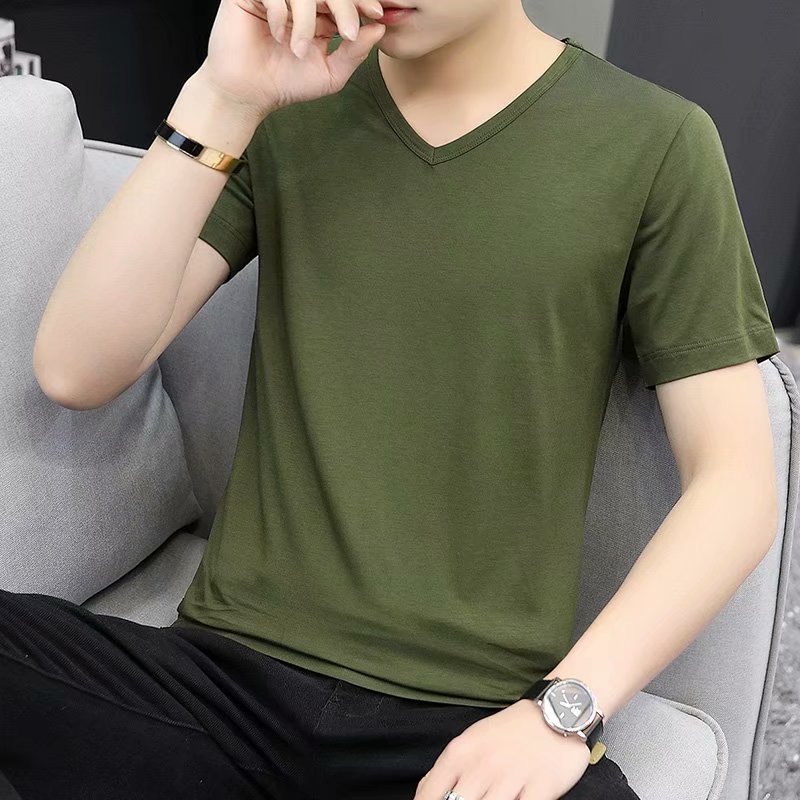 Camiseta de manga corta para hombre con cuello en V verano estilo coreano SLIM-Fit camisa blanca de fondo camiseta de media manga de cuello de pollo versátil para hombre
